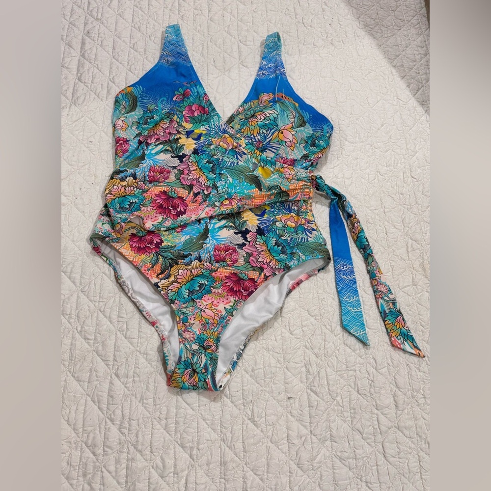 Johnny Was Multicolor Floral One-Piece Swimsuit — Blue, Pink, Green, Yellow